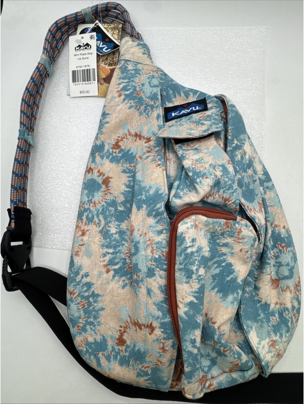 KAVU Mini Rope Sling Bag 16” Ink Burst Pattern Tie-Dye Effect Blues & Browns NEW